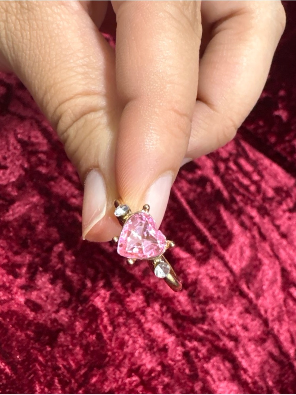 Gold-Tone Pink Heart Ring with Clear Accent Stones